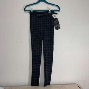 Womens Black Grid Print Skinny Leg Pants with Belt Size S